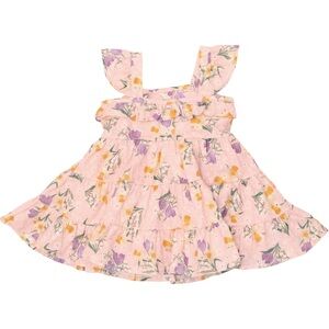 Angel Dear Eyelet Organic Cotton Muslin Tiered Daffodil Floral Dress Pink 4T